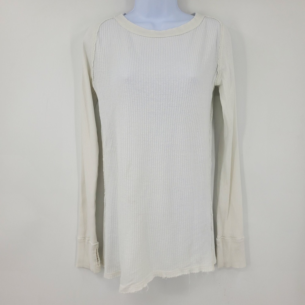 Free People White Waffle Knit Thermal Long Sleeve Top Thumbholes Raw Hem Small